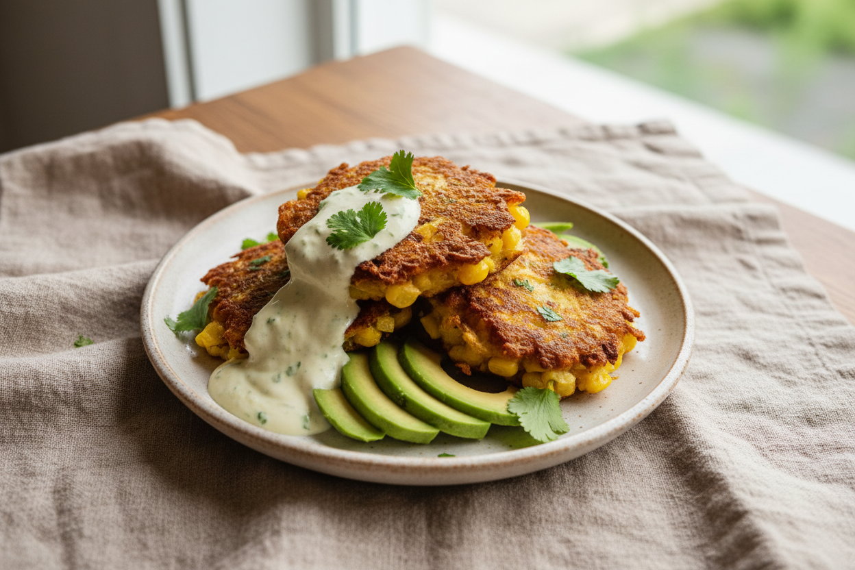 Overhead food photograph of three golden corn fritters stacked on a ceramic plate with sliced avocado, lime crema and coriander, soft natural daylight, shallow depth of field, warm linen background, no text, no logos