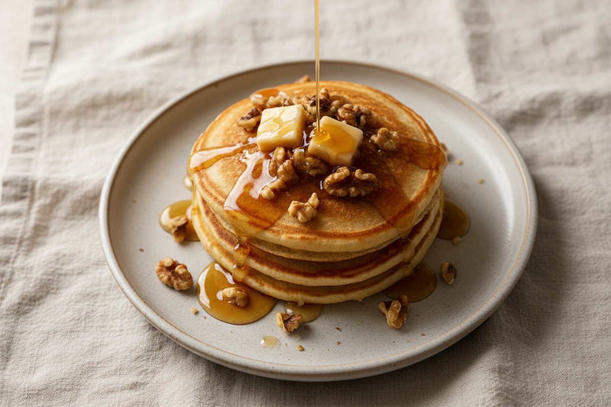 Overhead food photograph of a short stack of buttermilk pancakes with maple syrup pouring over, brown butter and toasted walnuts, matte ceramic plate, soft natural daylight, shallow depth of field, warm linen background, no text, no logos