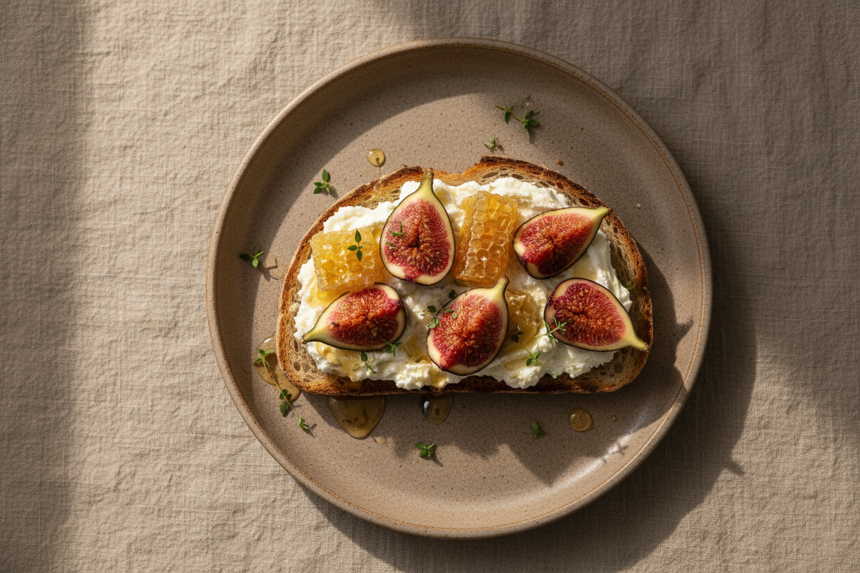 Overhead food photograph of thick sourdough toast topped with whipped ricotta, halved fresh figs, honeycomb drizzle and thyme, matte ceramic plate, soft natural window light, shallow depth of field, warm linen background, no text, no logos