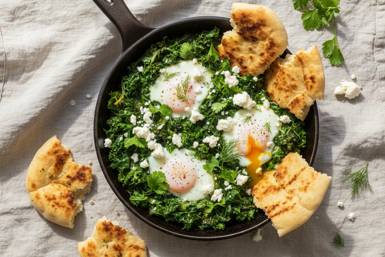 Overhead food photograph of green shakshuka in a small cast iron pan, poached eggs in wilted silverbeet and herbs, crumbled feta, torn warm flatbread, soft natural daylight, shallow depth of field, warm linen background, no text, no logos