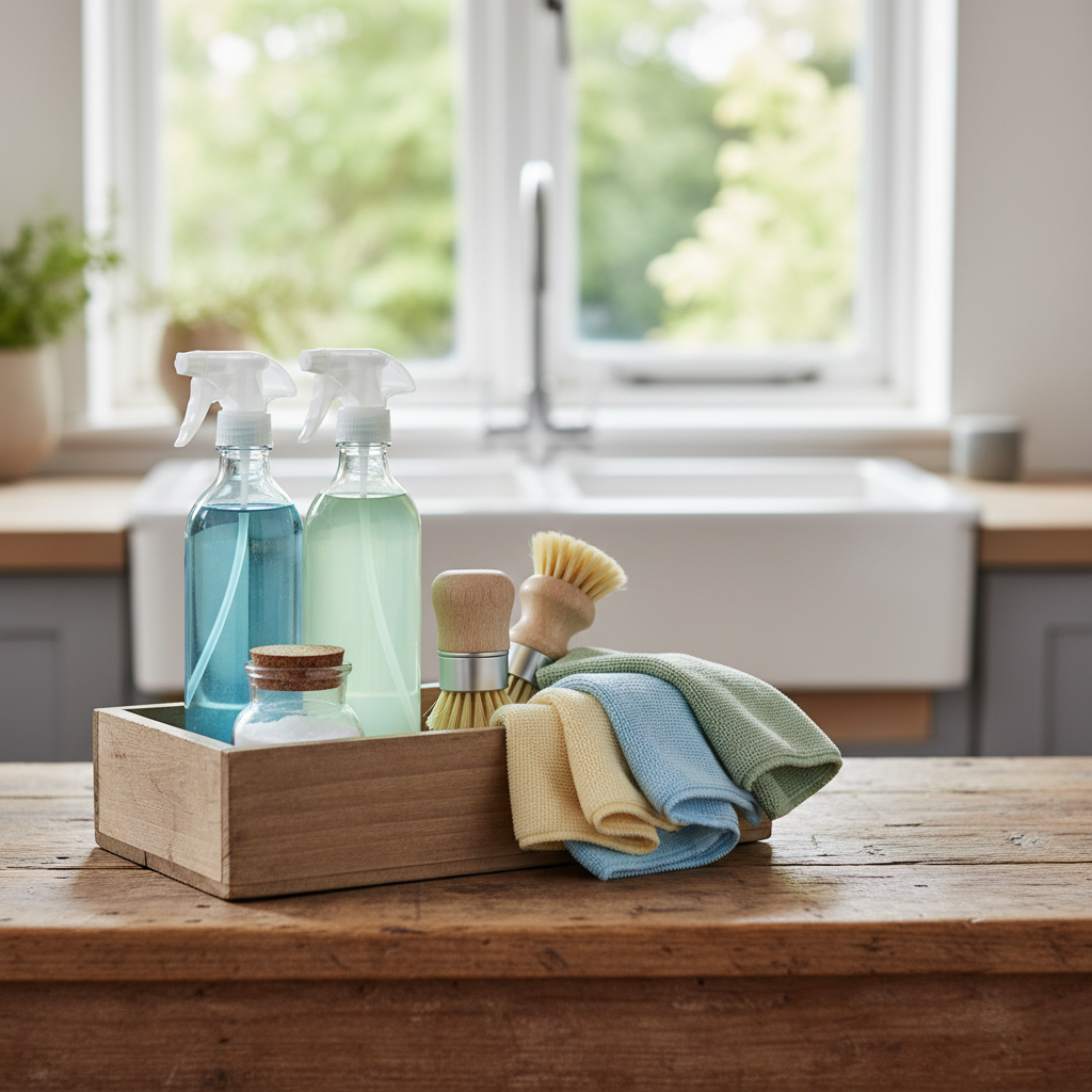 Photograph of neatly arranged eco cleaning supplies in a caddy on a timber bench, spray bottles without labels, folded microfibre cloths, soft daylight, no text, no logos