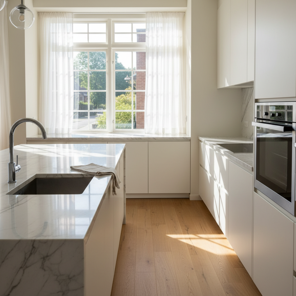 Photograph of a spotless bright kitchen with a marble bench, clean sink and folded cloth, morning light through a window, no people, no text, no logos