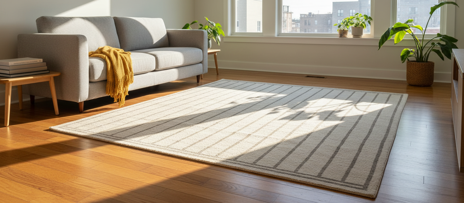 Photograph of a clean bright living room with timber floors, a folded throw on the sofa and vacuum lines in the rug, morning light, no people, no text, no logos