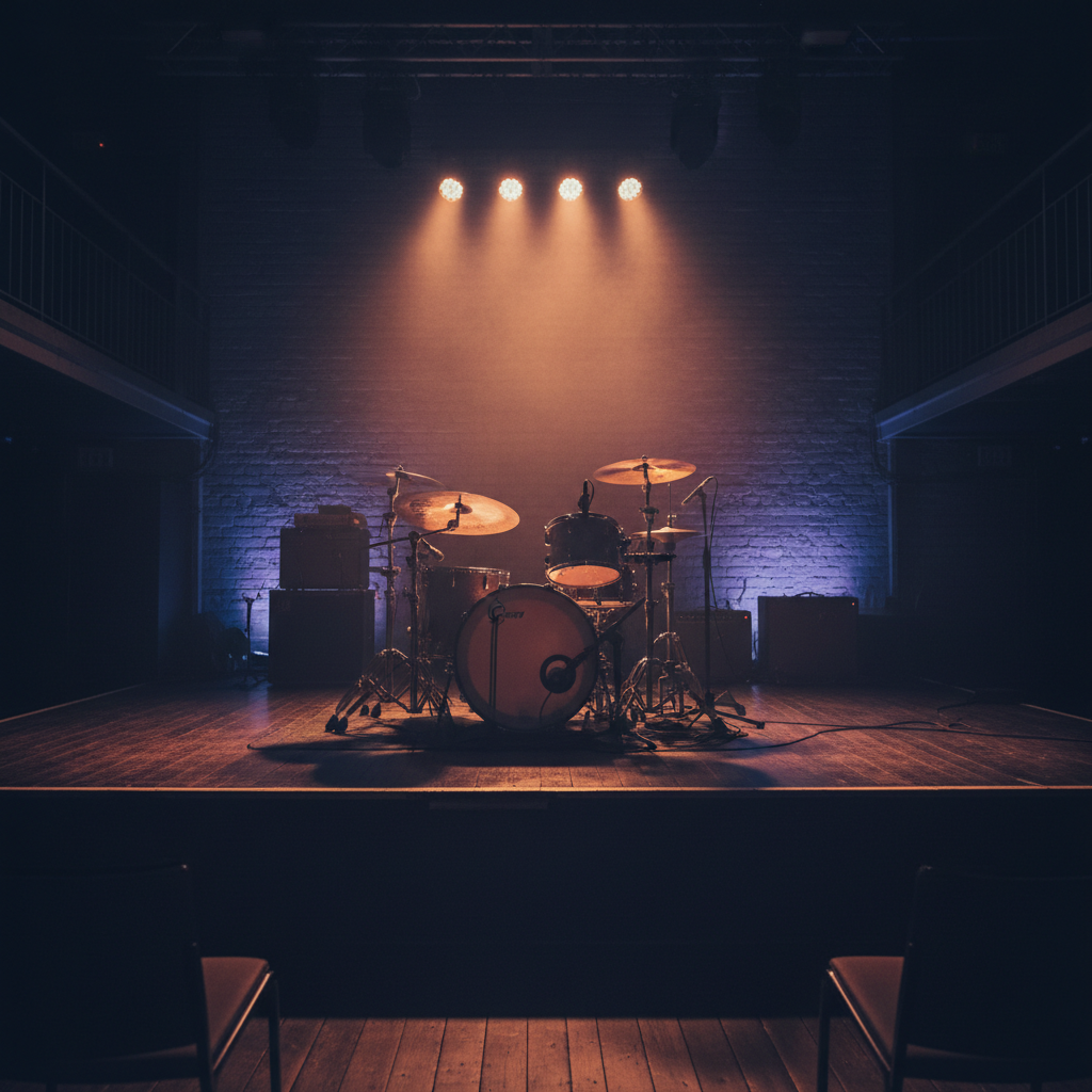 Photograph of a drum kit on a small stage lit in deep indigo and warm amber haze, no people, no text, no logos