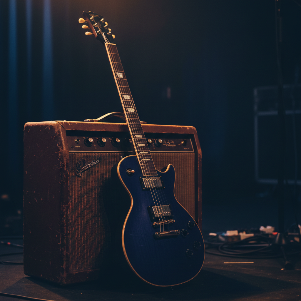 Photograph of an electric guitar leaning on a vintage amplifier under warm stage light, close crop, indigo tones, no people, no text