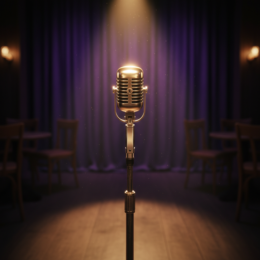 Photograph of a vintage microphone on a stand under a single warm spotlight, dark violet background, no people, no text