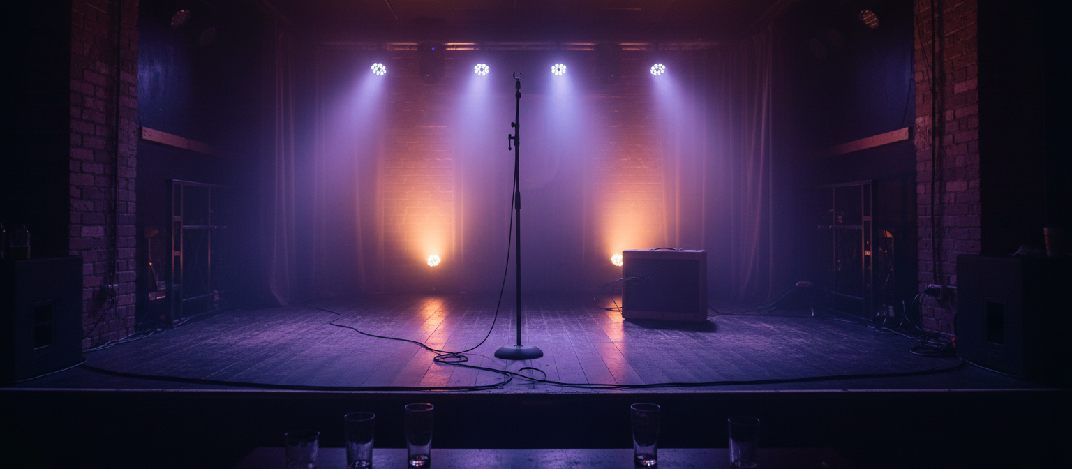 Photograph of a small live music venue stage from the crowd, warm stage lights and haze, silhouetted microphone stand and guitar amp, deep indigo and violet tones, no people, no text, no logos