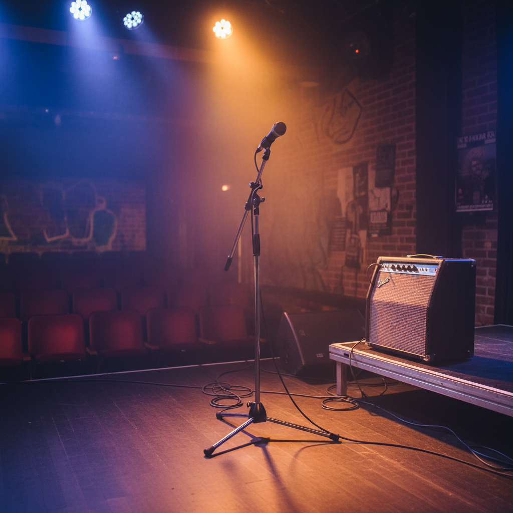 Photograph of an empty small venue stage lit with warm amber and deep indigo haze, microphone stand and guitar amp, no people, no text, no logos