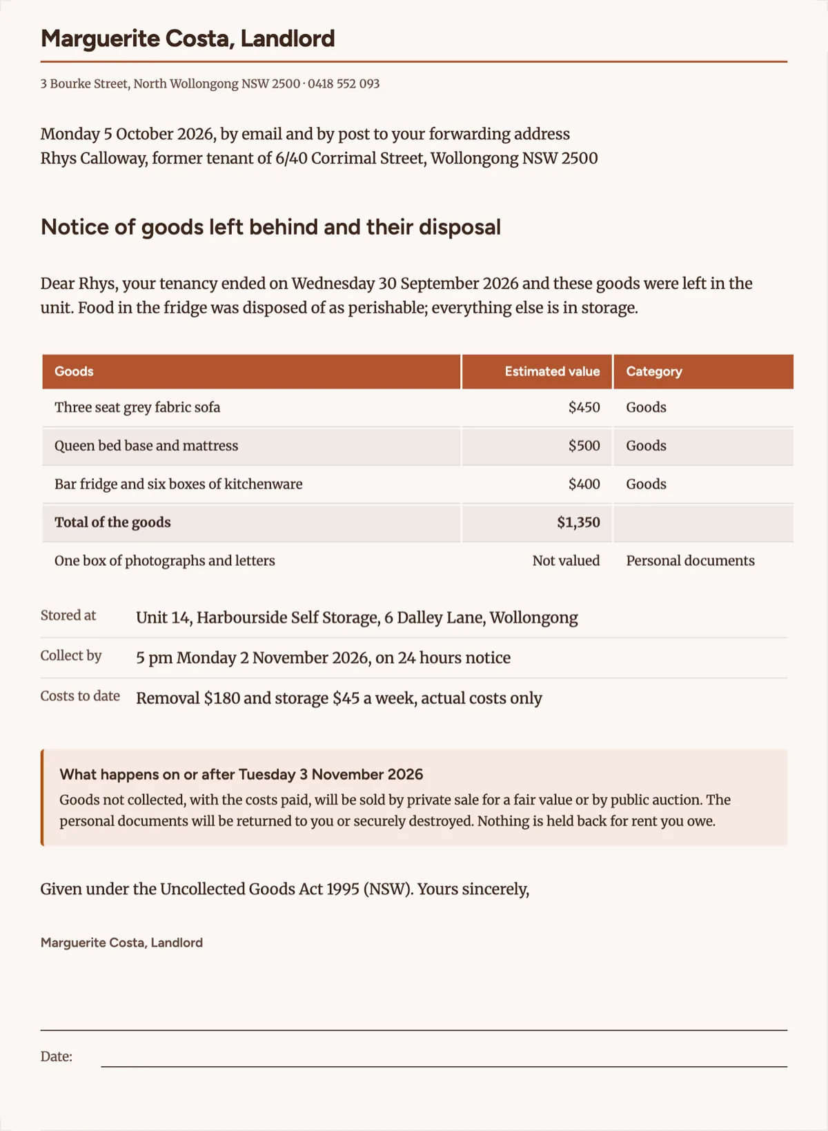 Abandoned goods notice template with inventory and disposal date example