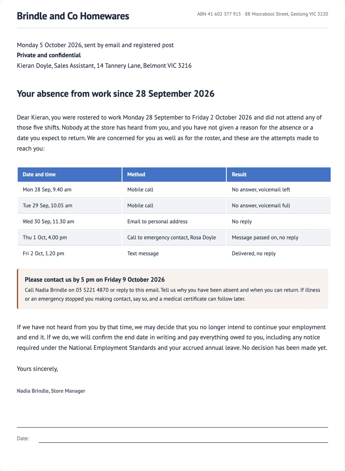 Abandonment of employment letter with every contact attempt listed example