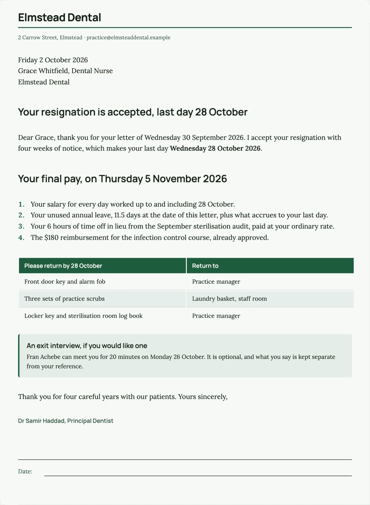 Acceptance of resignation letter with the last day and final pay example
