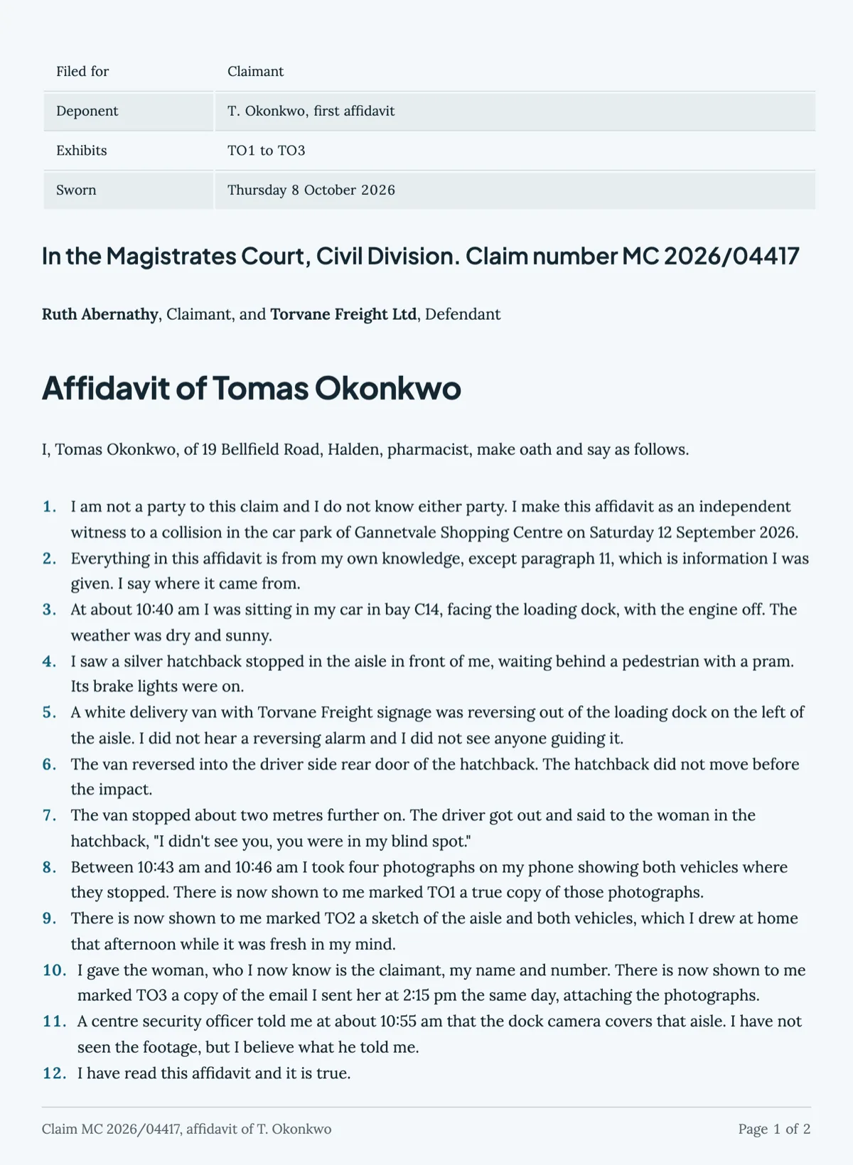 Affidavit template with numbered paragraphs, exhibits and a jurat example