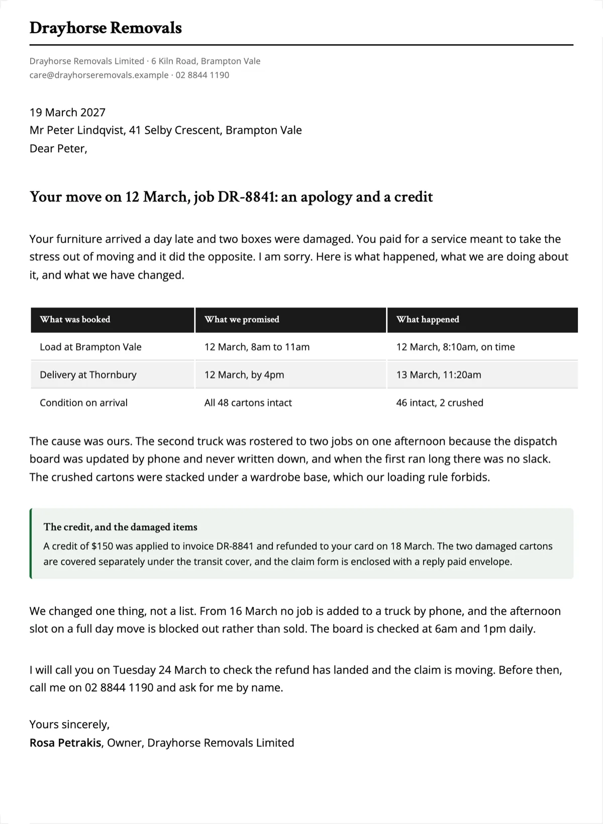 Apology letter to customer template with a remedy and a follow up example