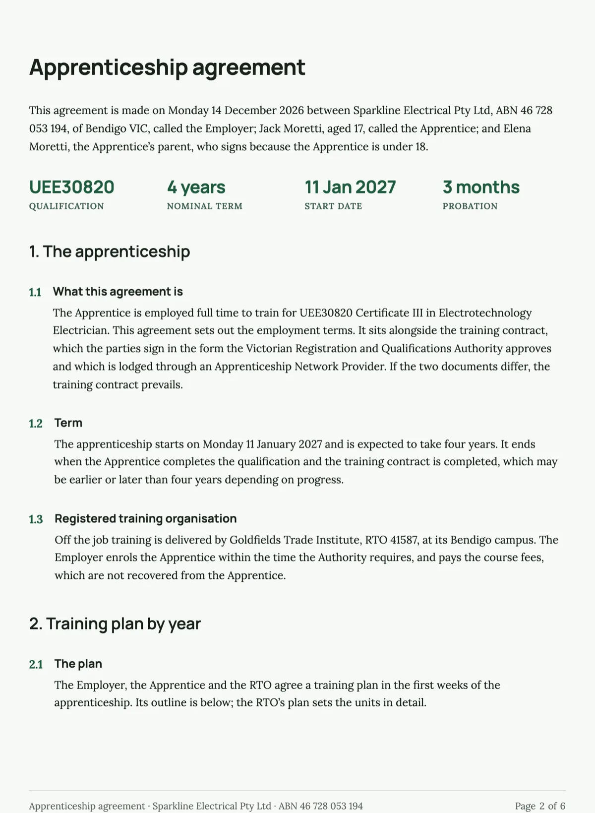 Apprenticeship agreement template with a training plan and wage progression example