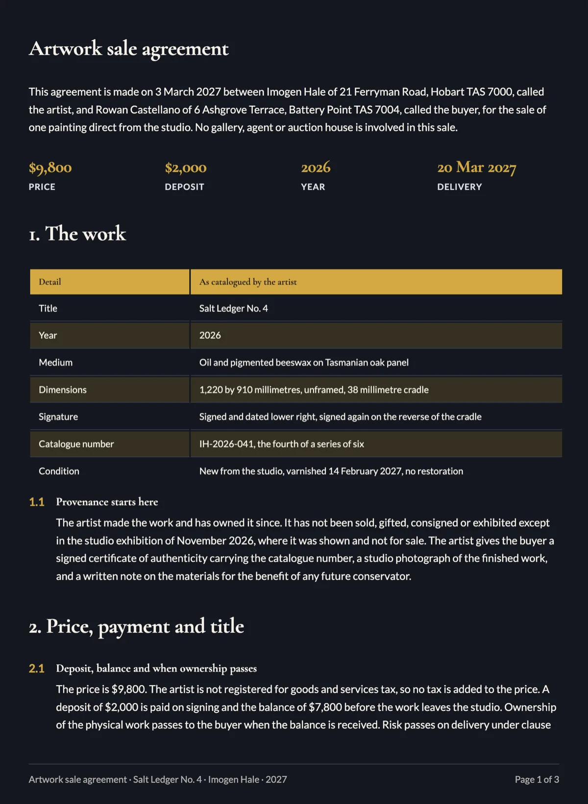 Artwork sale agreement with provenance and a resale royalty note example