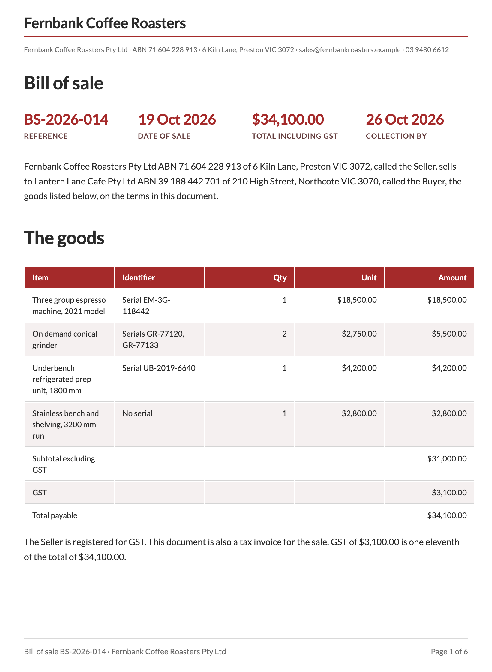 Bill of sale template example