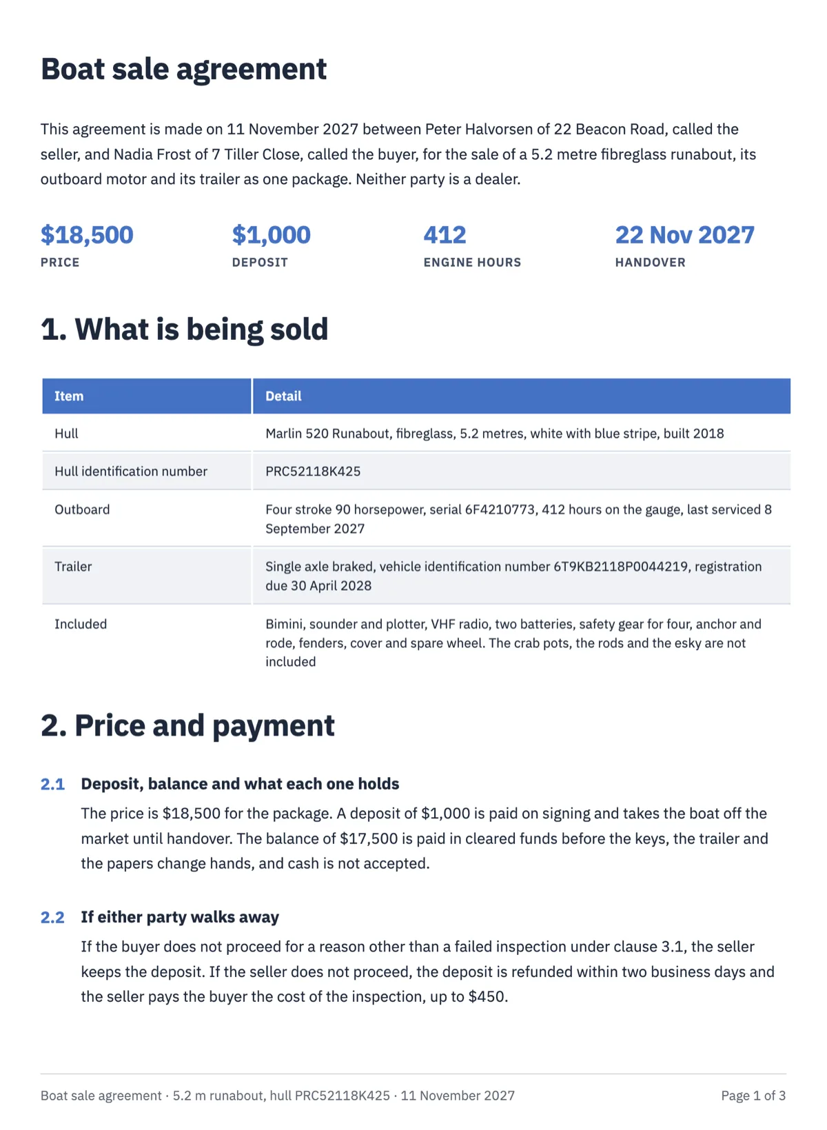 Boat sale agreement template with the hull ID, trailer and an as is clause example