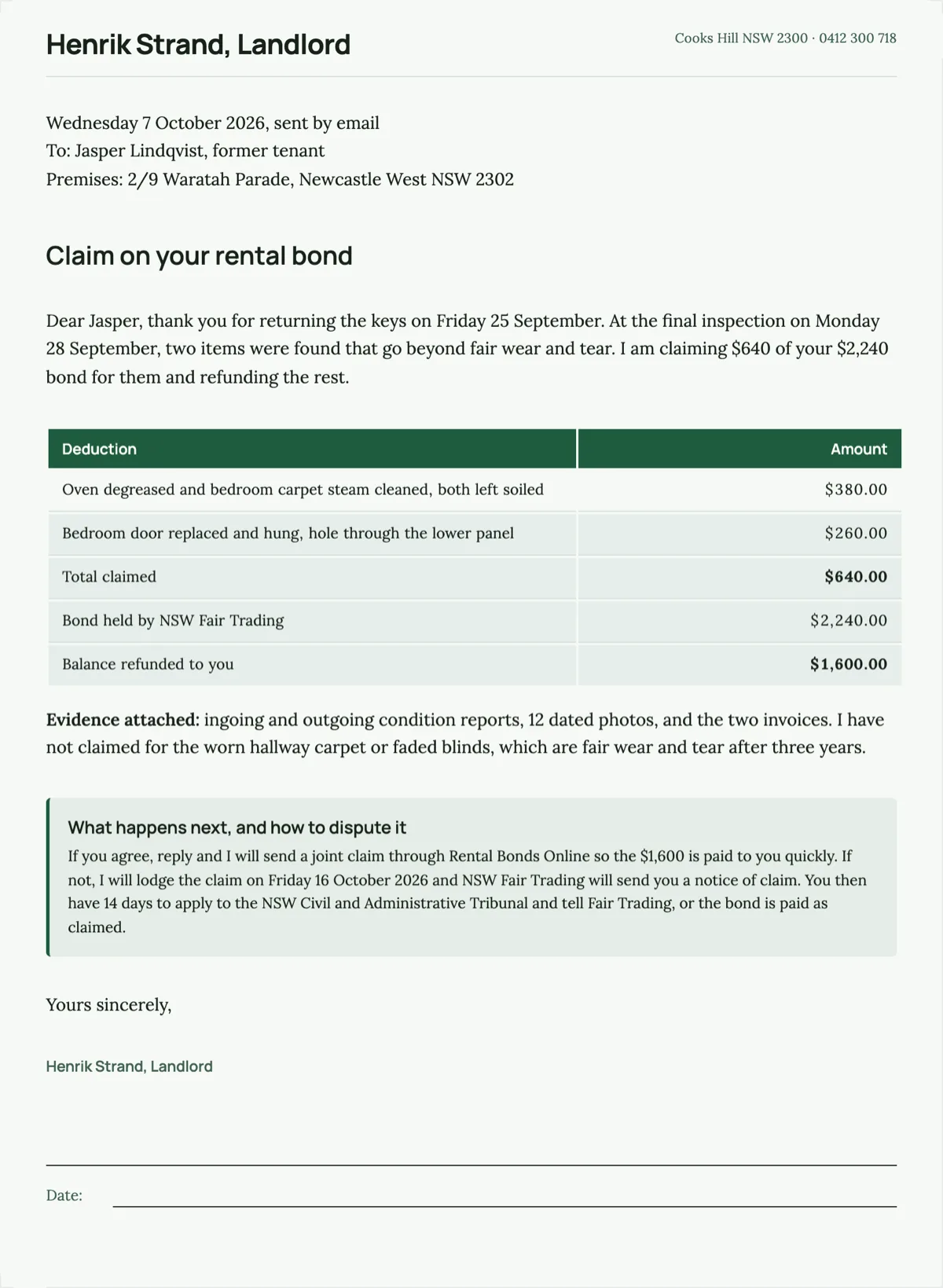 Bond claim letter template with itemised deductions example