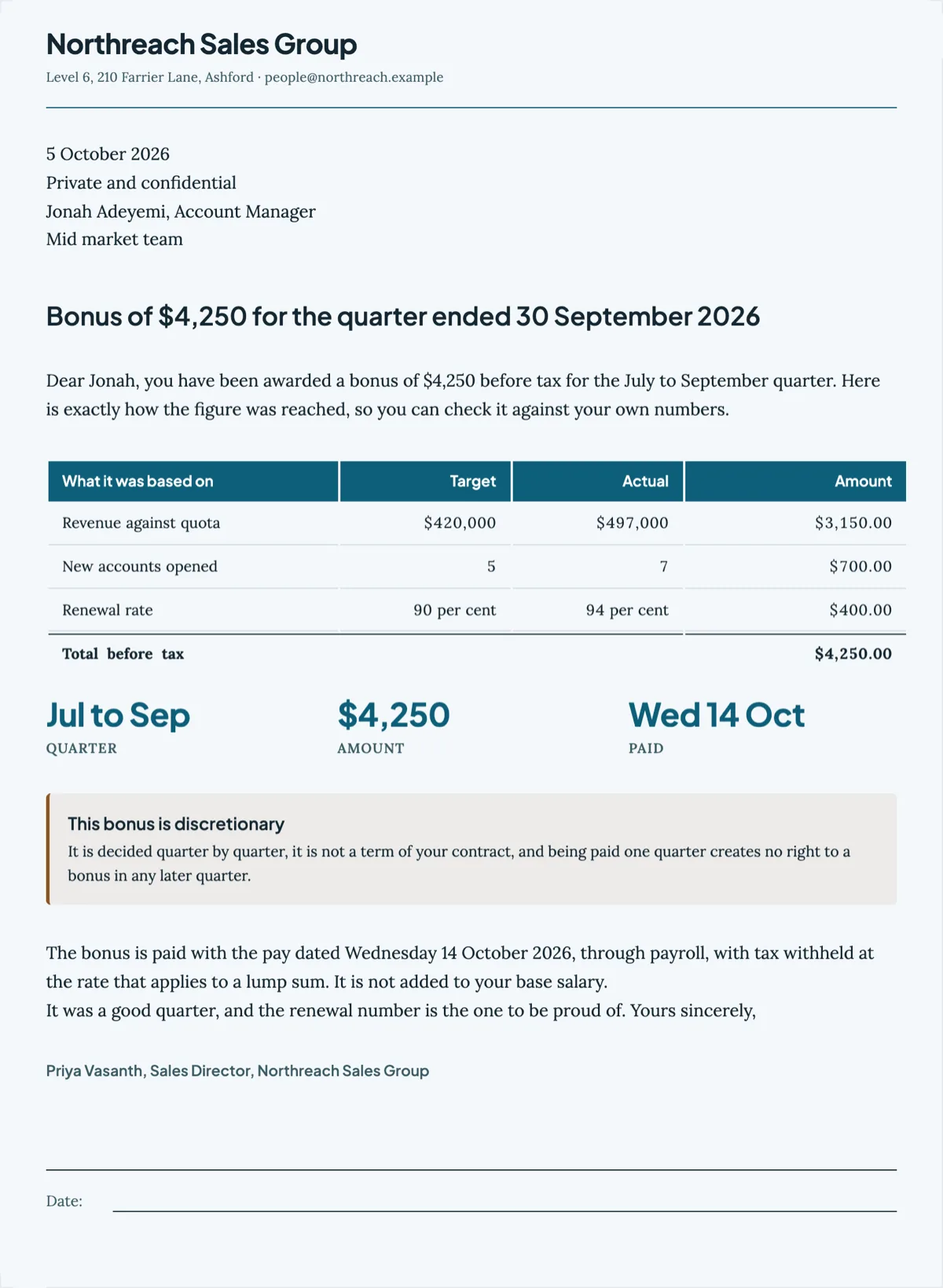 Bonus letter template that shows how the amount was calculated example