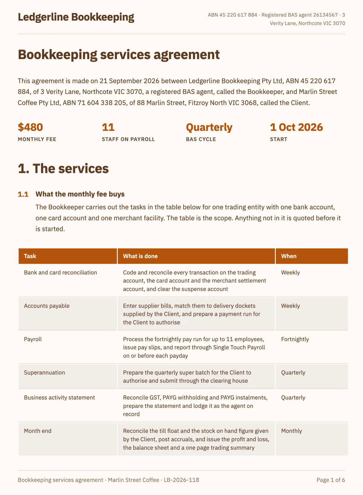 Bookkeeping services agreement with a monthly scope table example