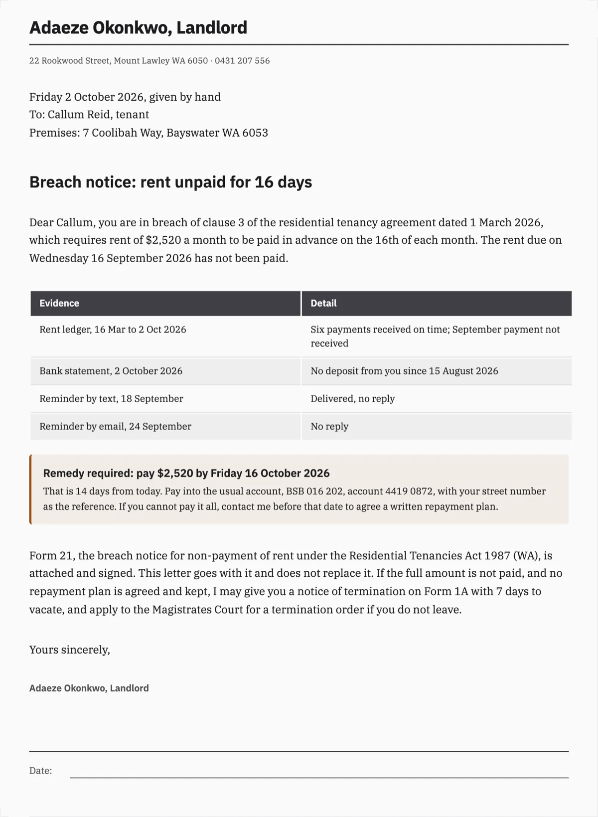 Breach notice template for unpaid rent with 14 days to remedy example