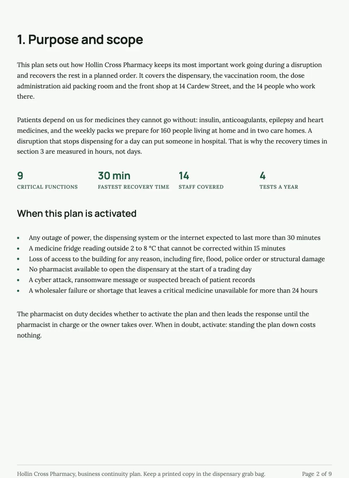 Business continuity plan template with recovery times example