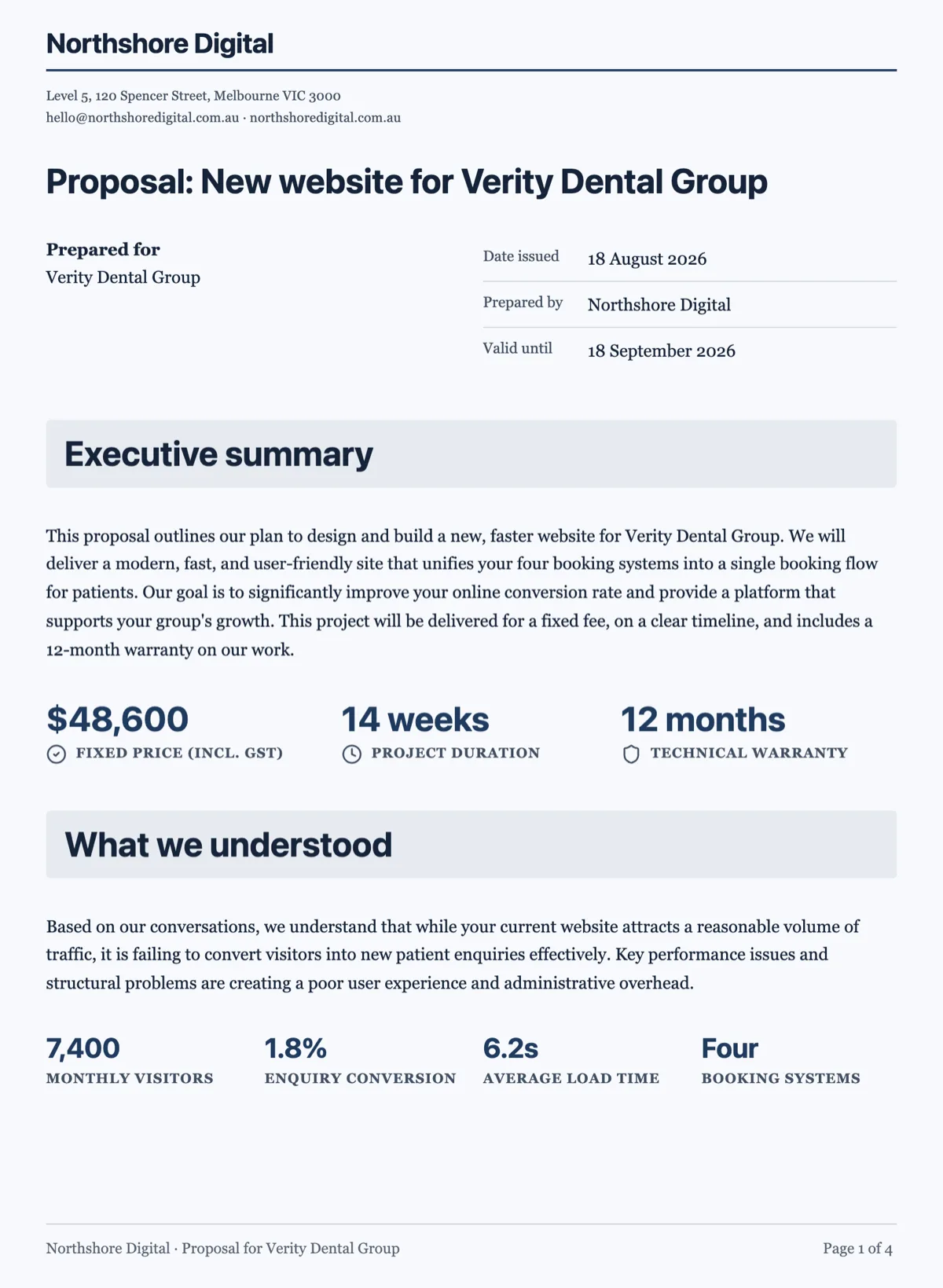 Business proposal template with the fixed fee on page one example