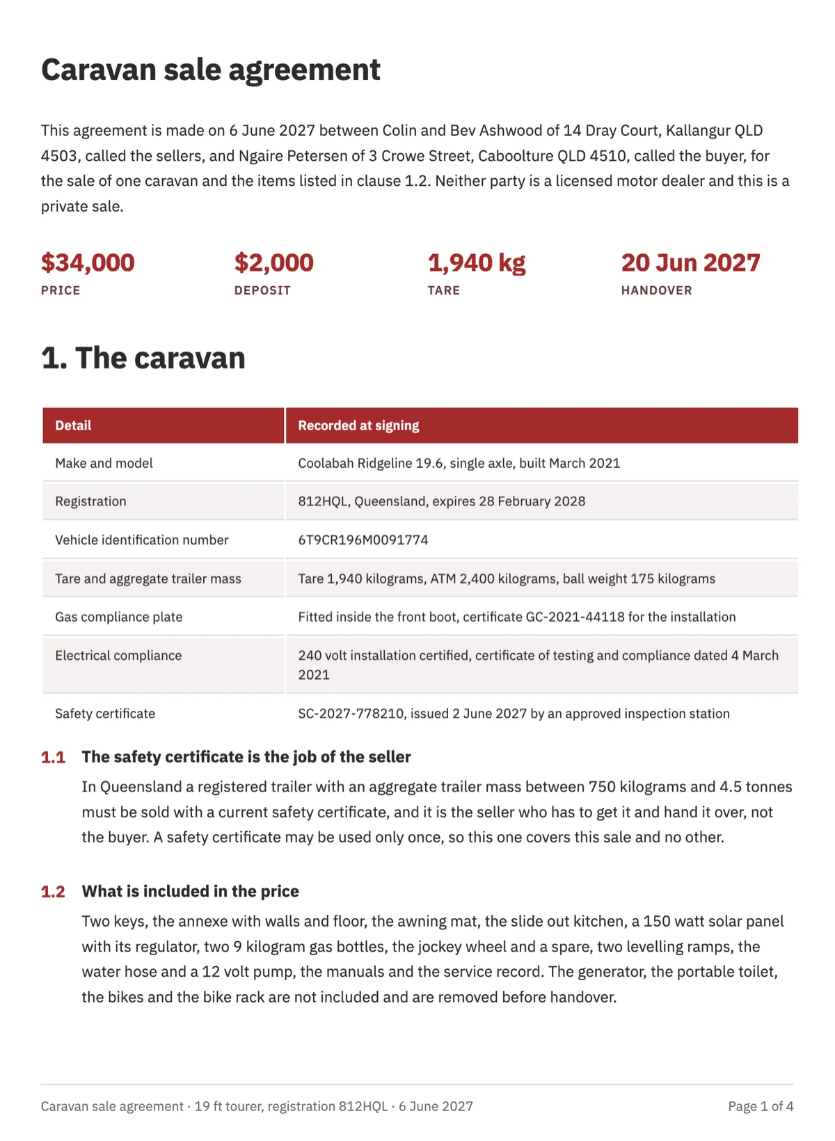 Caravan sale agreement with the compliance plates recorded example