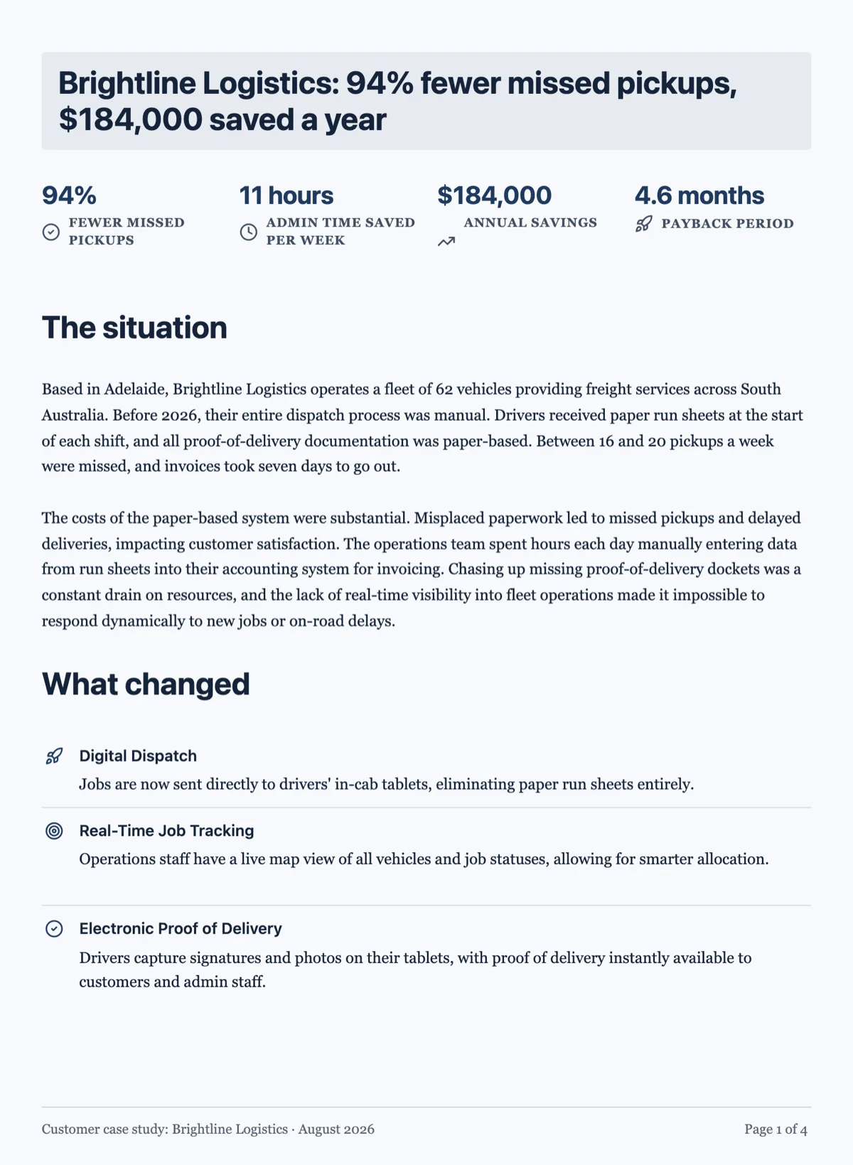 Customer case study template with a before and after table example