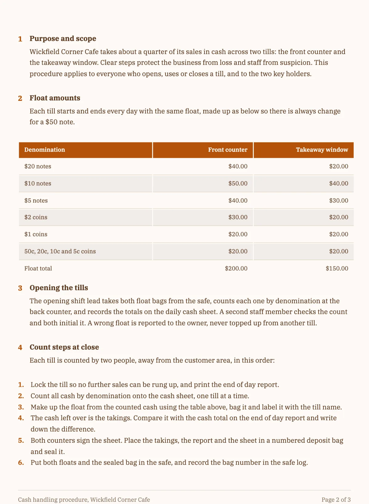 Cash handling procedure template with floats, counts and banking steps example