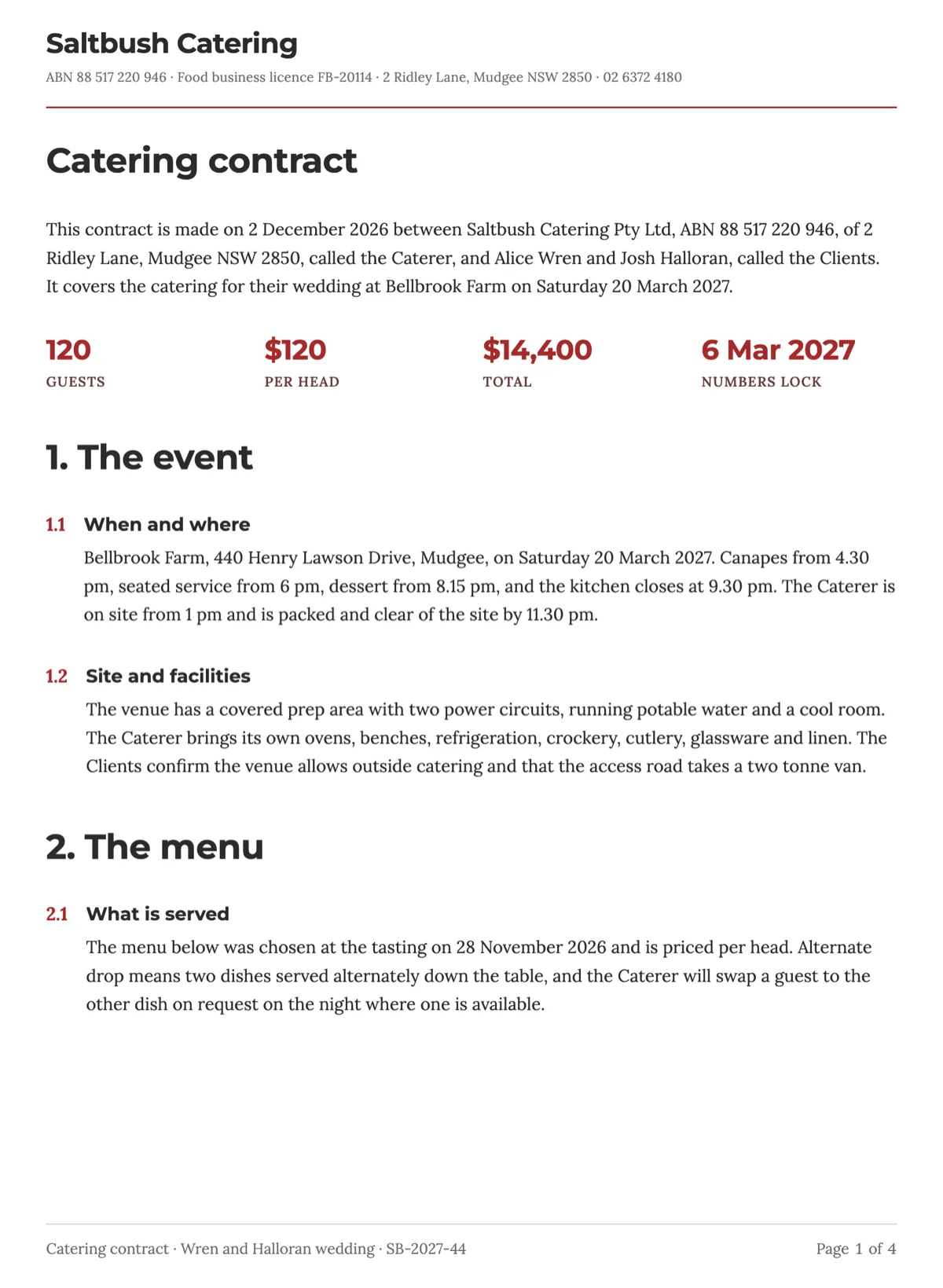 Catering contract template with a menu table and a guest numbers lock example