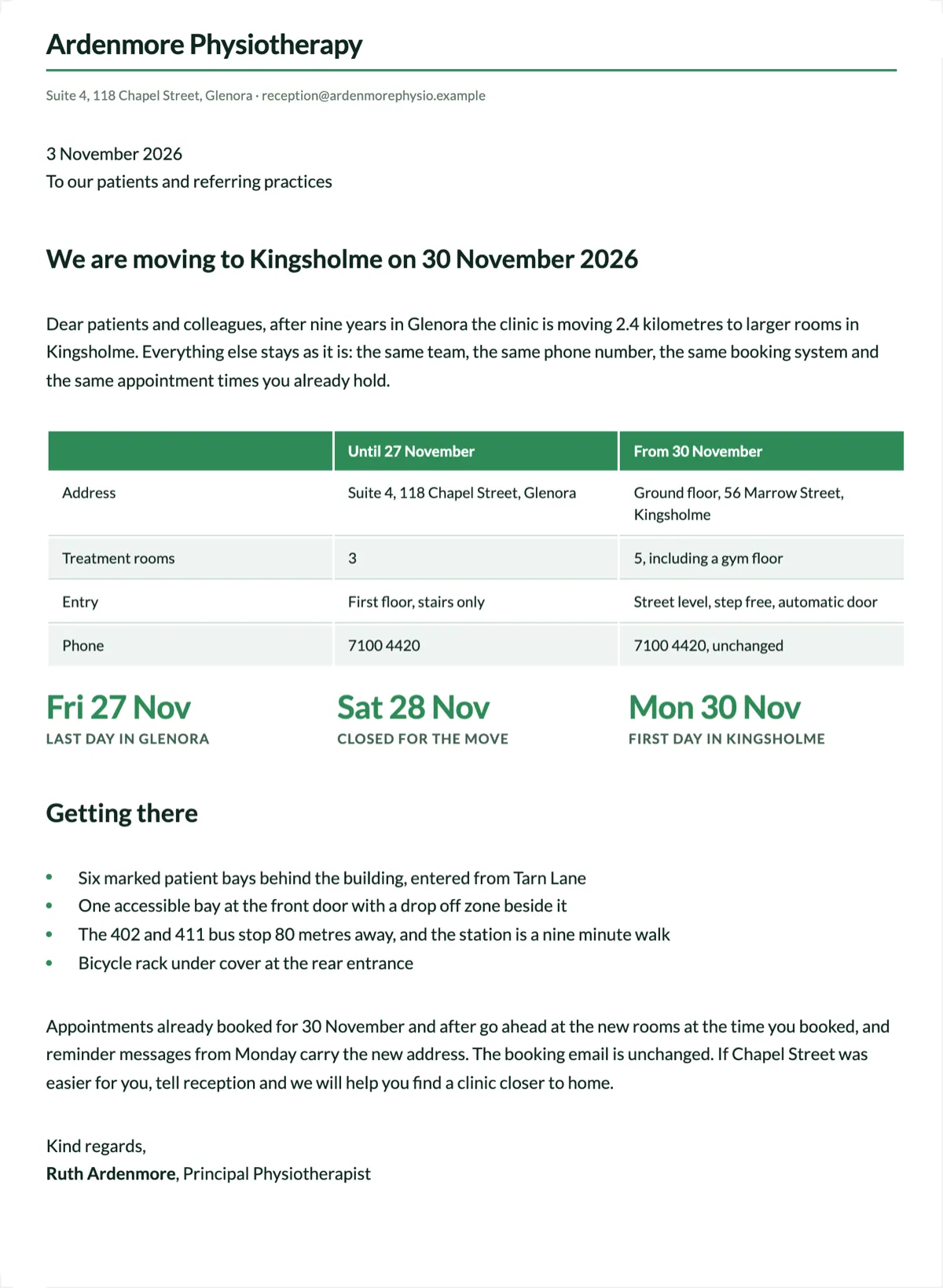 Change of business address letter with the old and new rooms side by side example