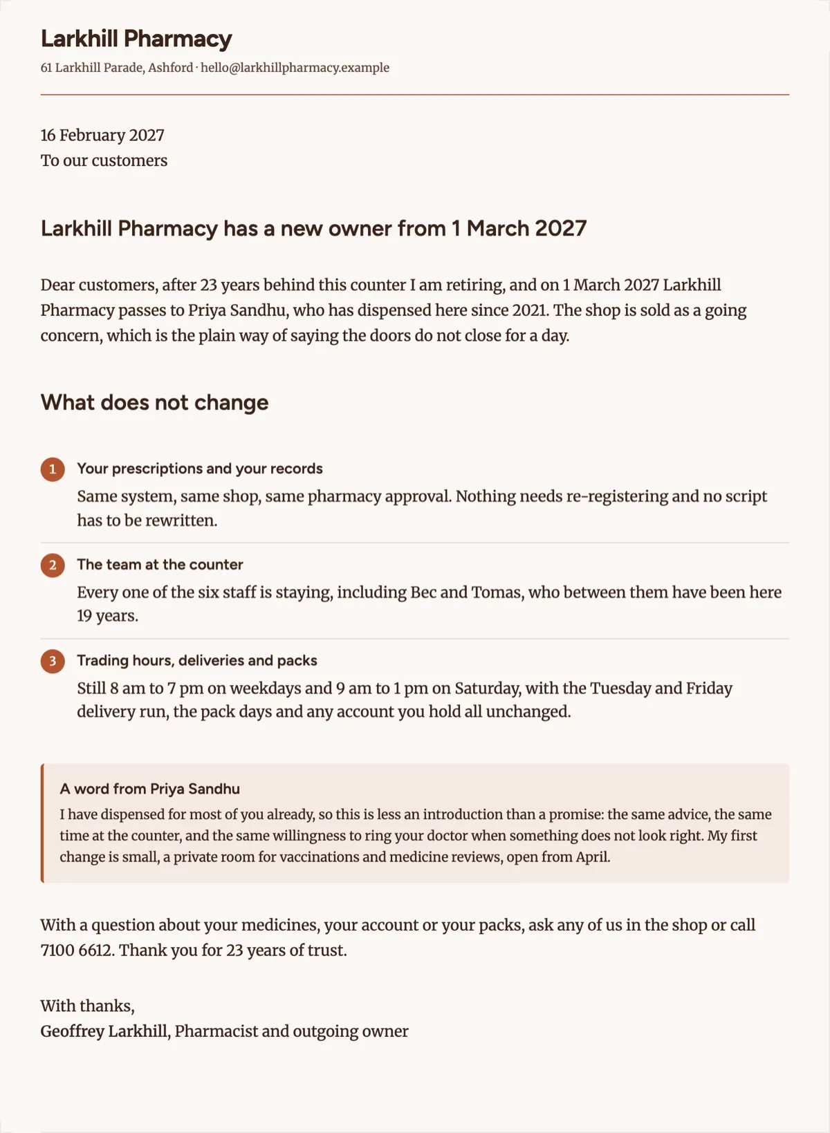 Change of ownership letter template that promises continuity, then proves it example
