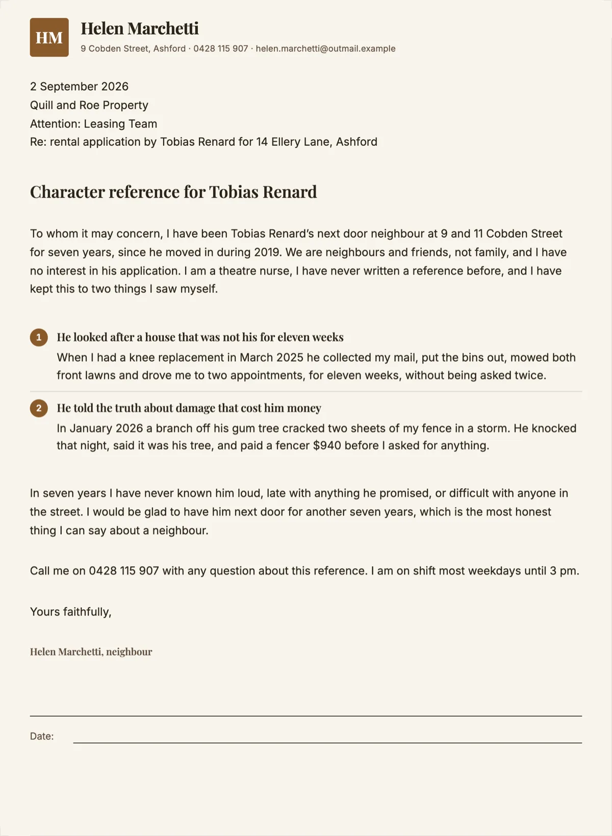 Character reference letter template built on two things the writer saw example