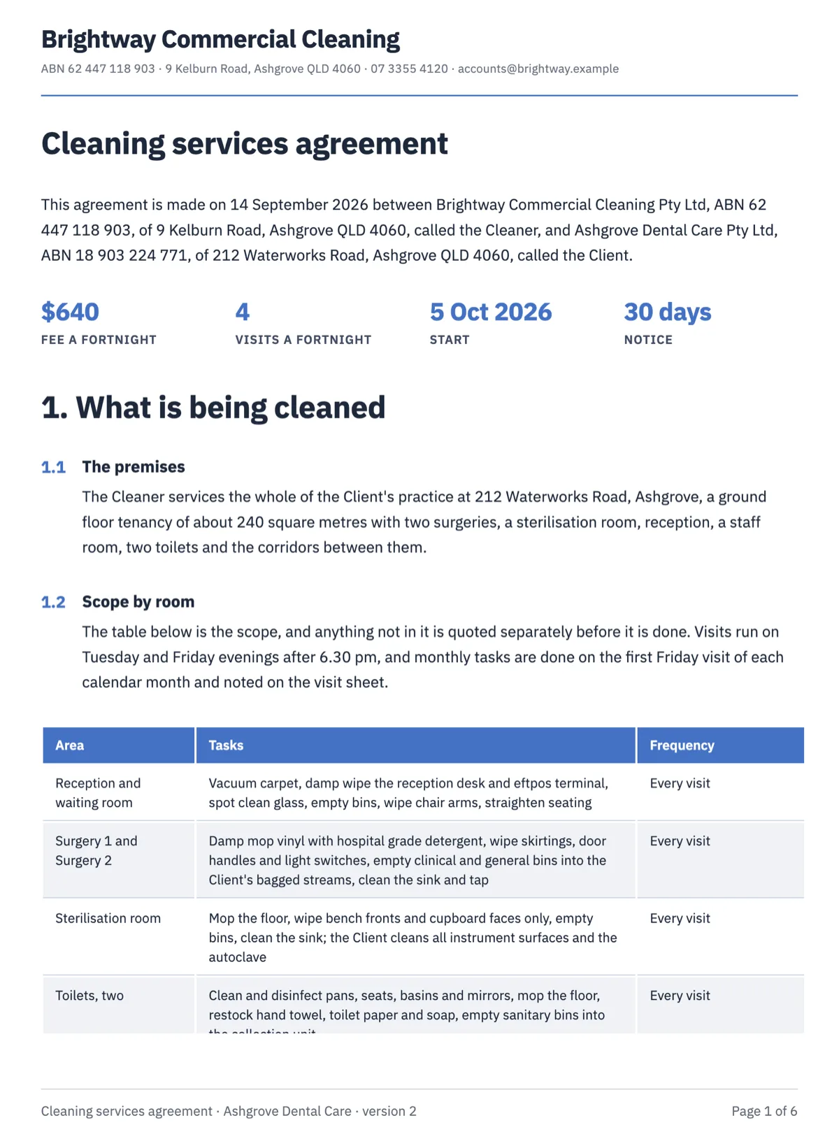 Cleaning services agreement template with a room by room scope table example