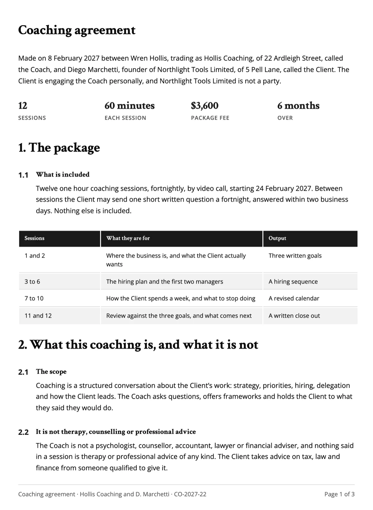 Coaching agreement template that sets the sessions, the scope and the boundaries example