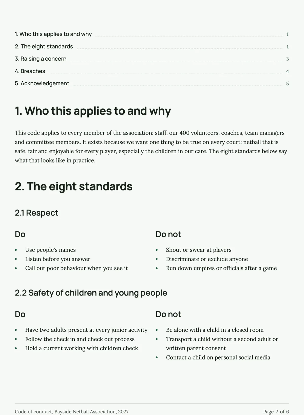 Code of conduct template with a do and do not list for each standard example