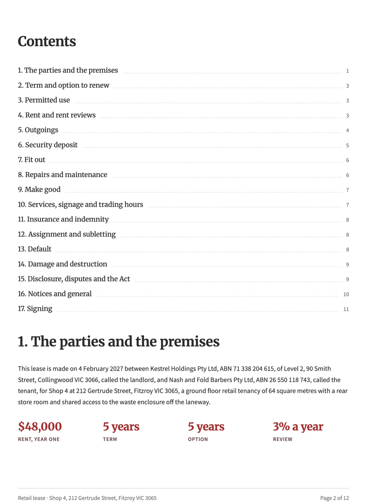 Commercial lease agreement template with outgoings and fit out terms example