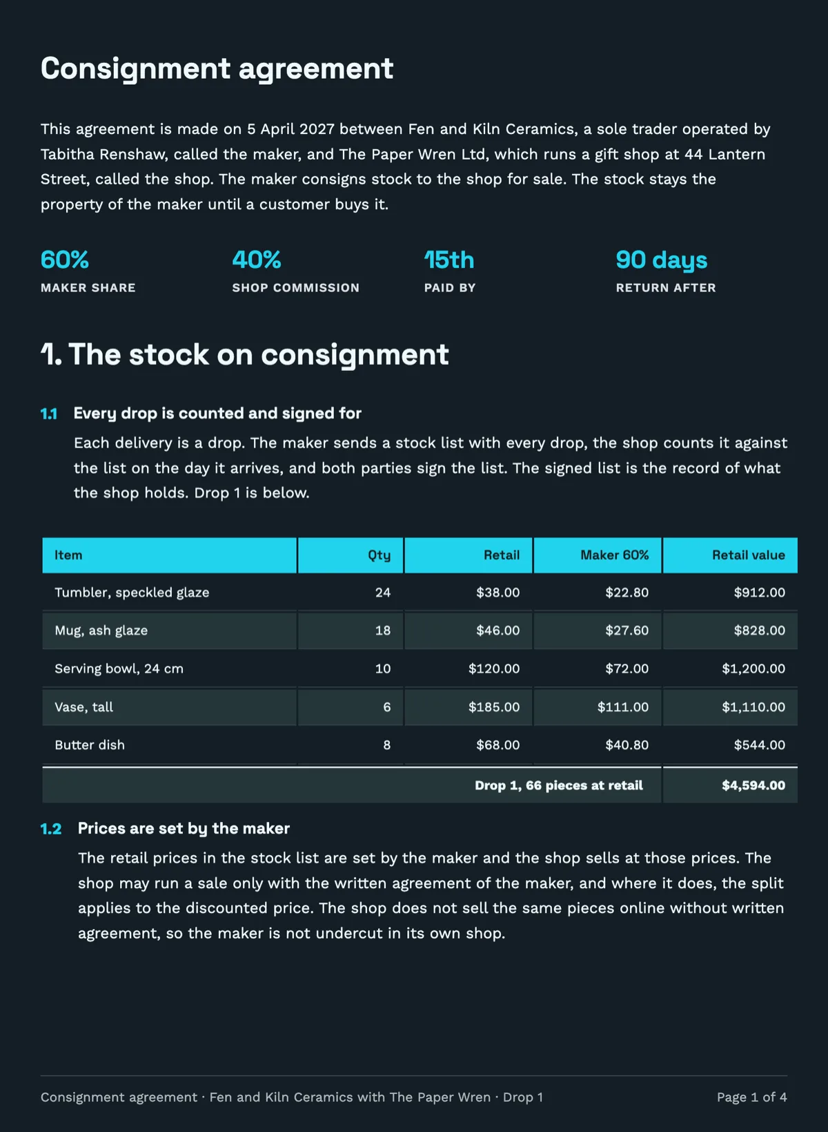 Consignment agreement template with the split and a stock list example