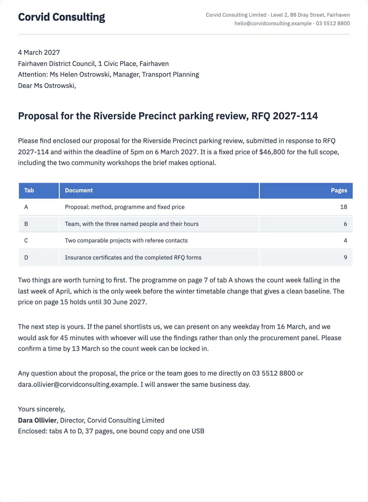 Business cover letter template for sending a proposal example