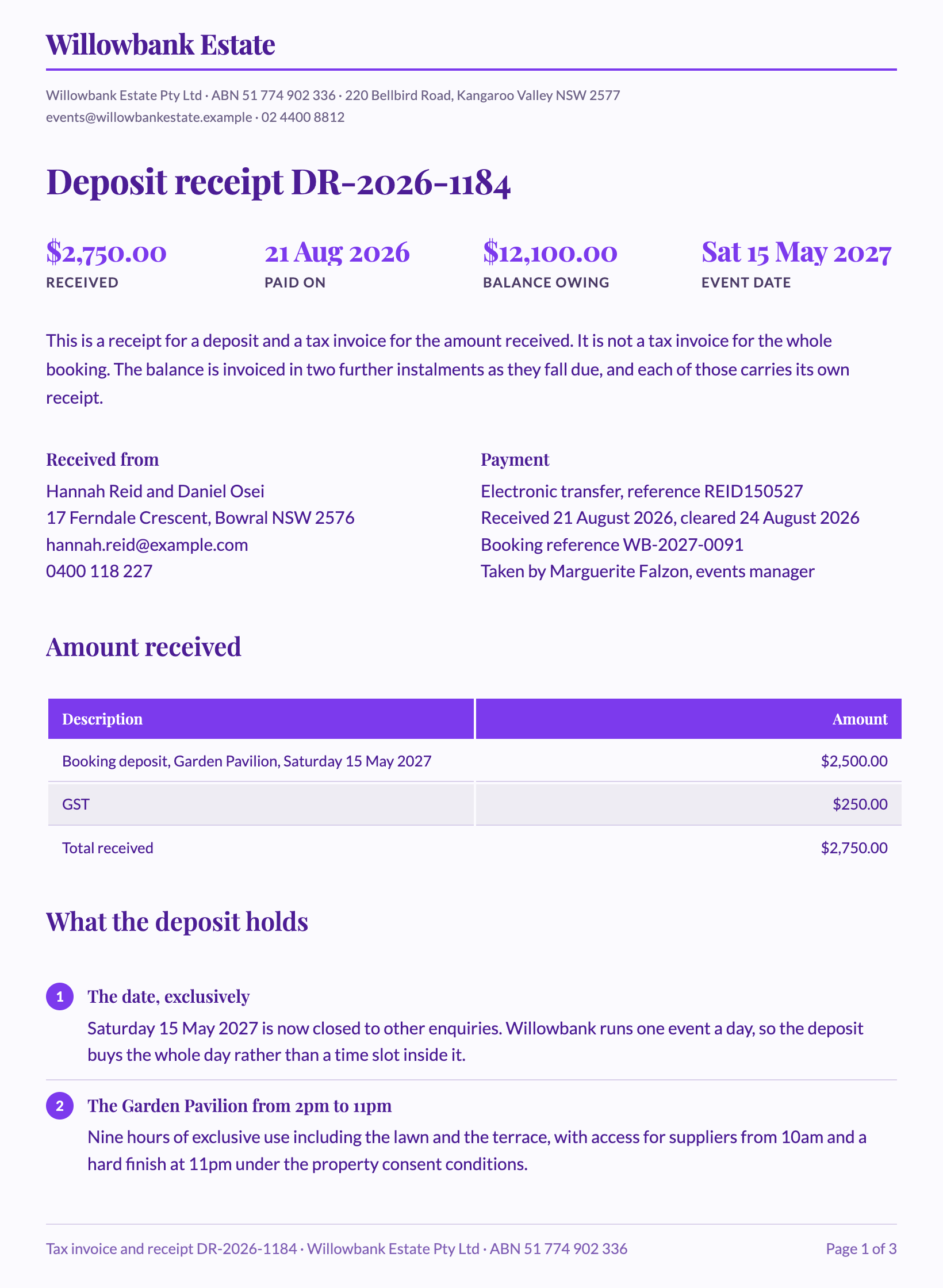 Deposit receipt example