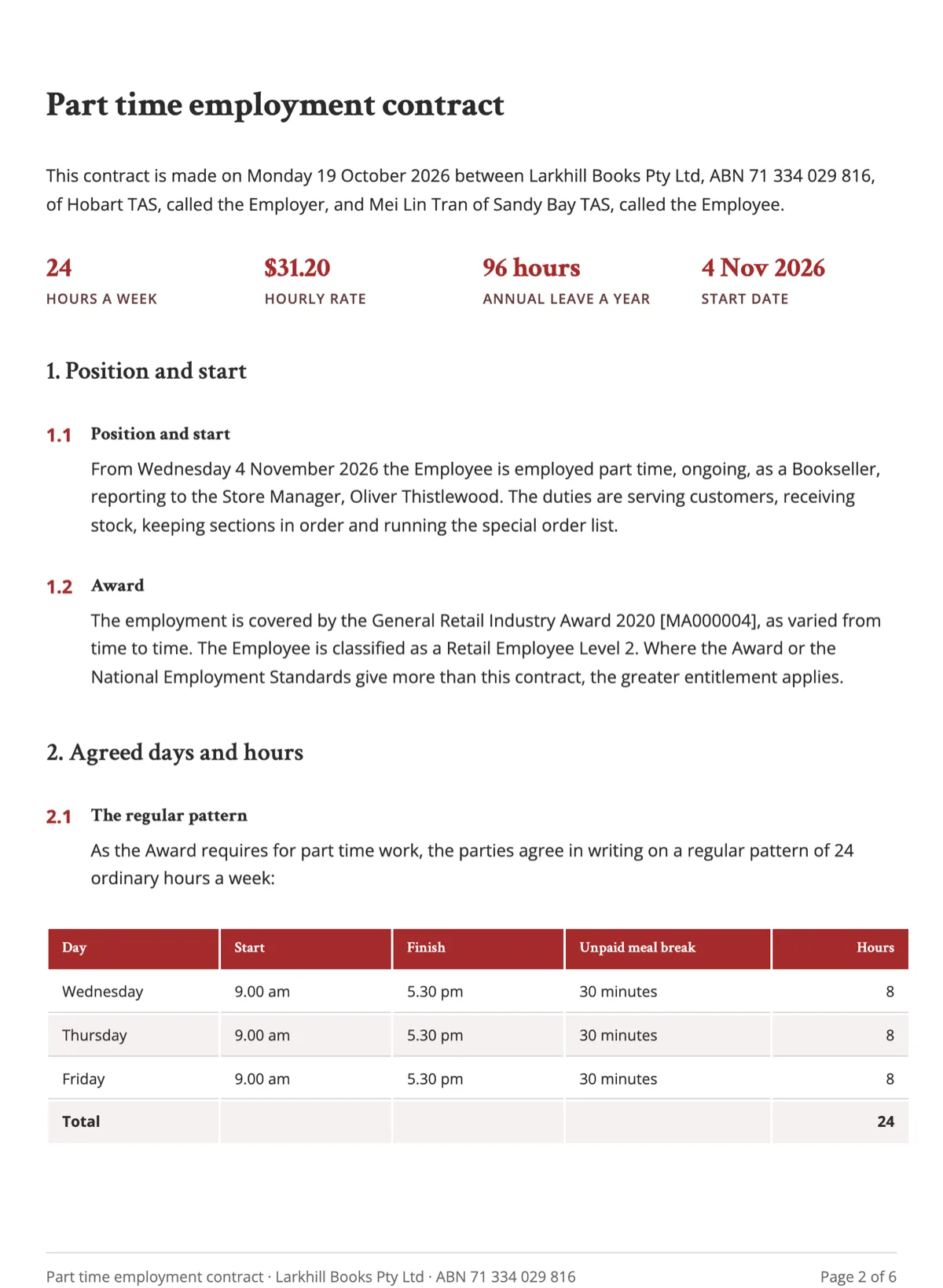 Part time employment contract template with set hours and pro rata leave example