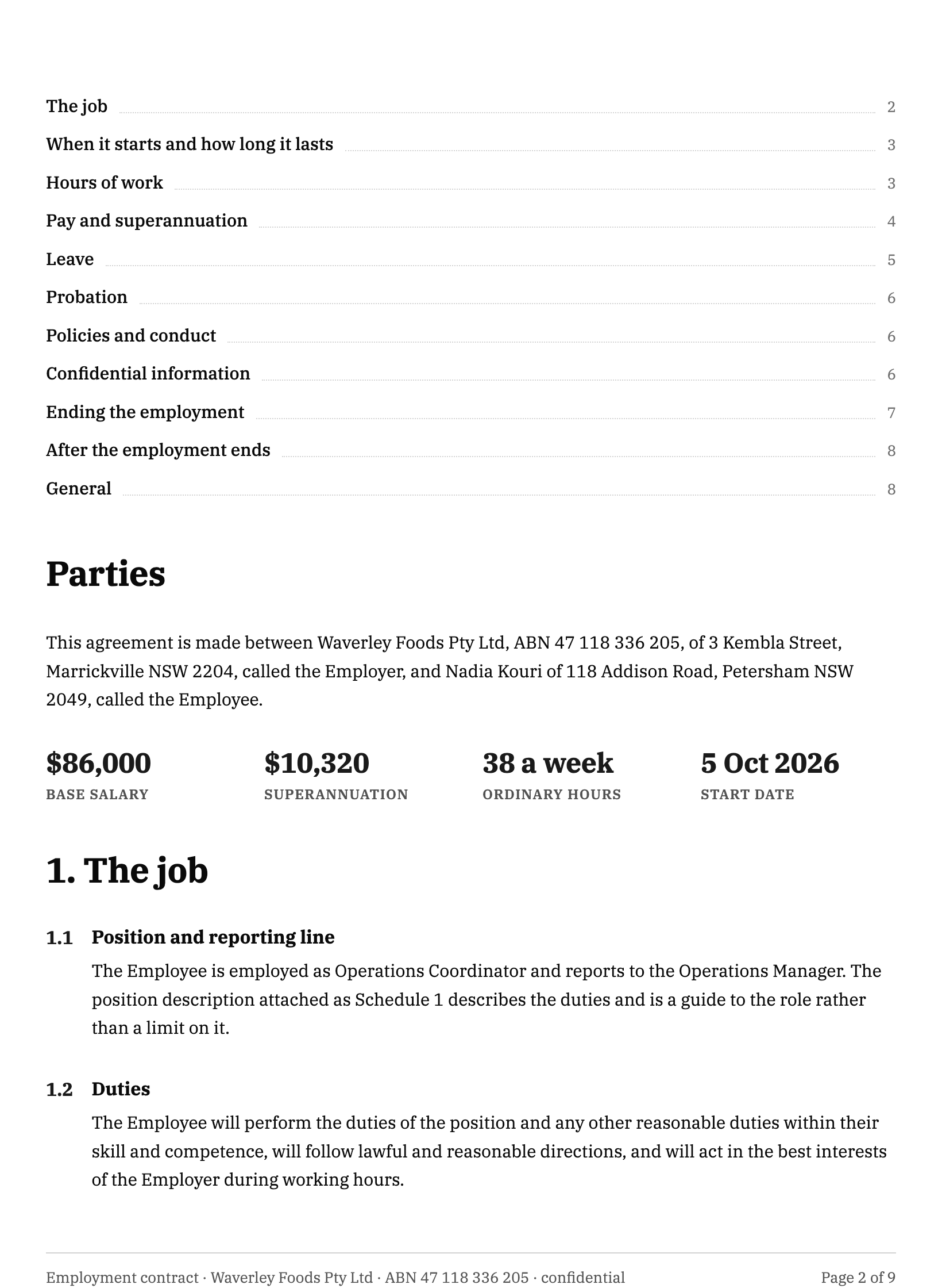 Employment contract example
