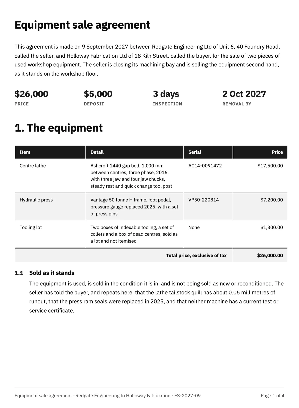 Equipment sale agreement with serial numbers and an inspection window example