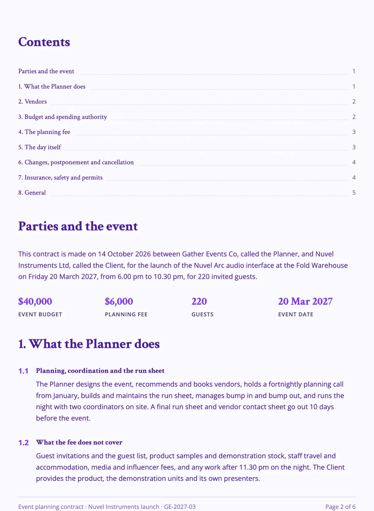 Event planning contract with a vendor table and a spending limit example