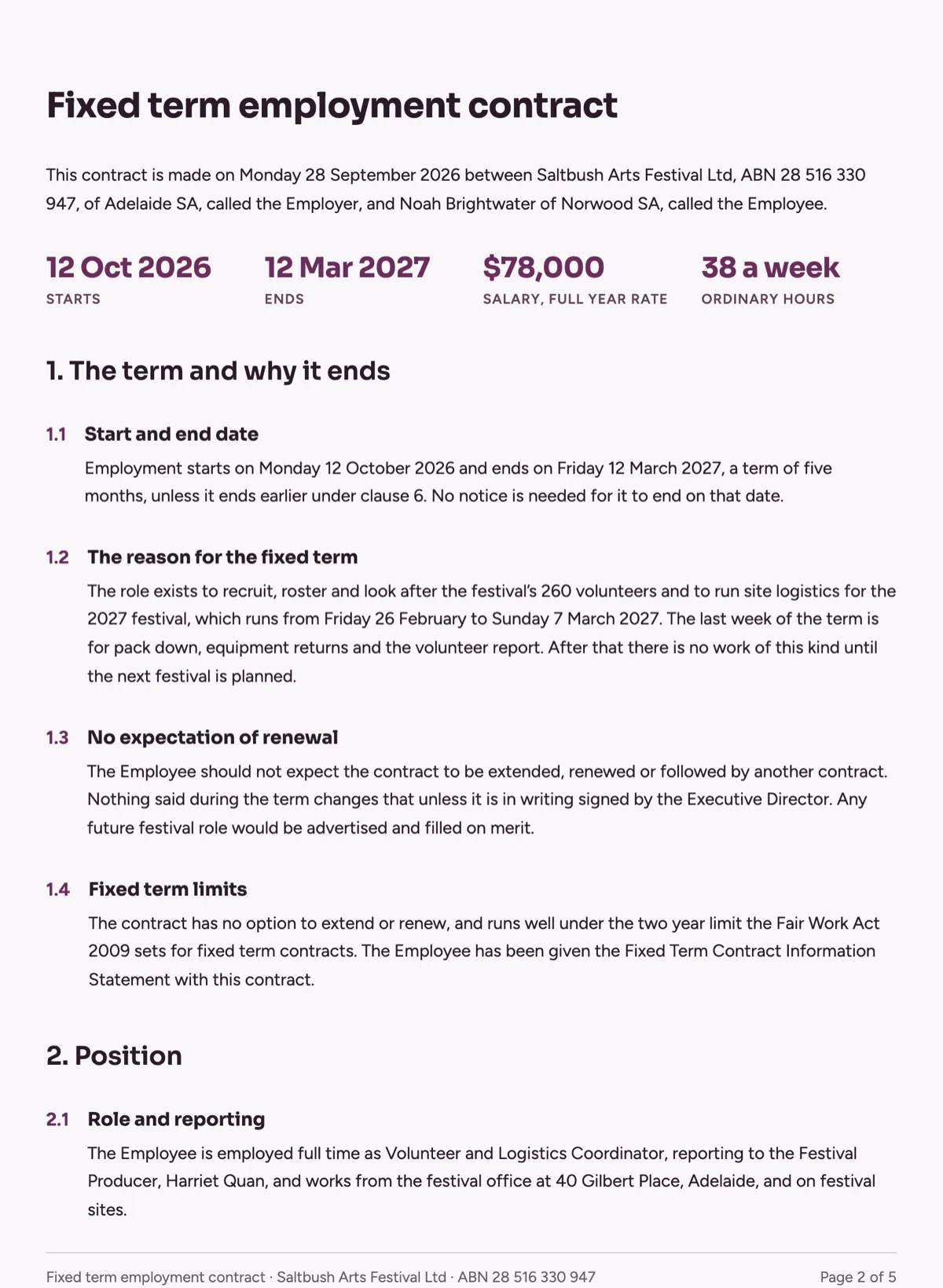 Fixed term employment contract template with the end date and its reason example