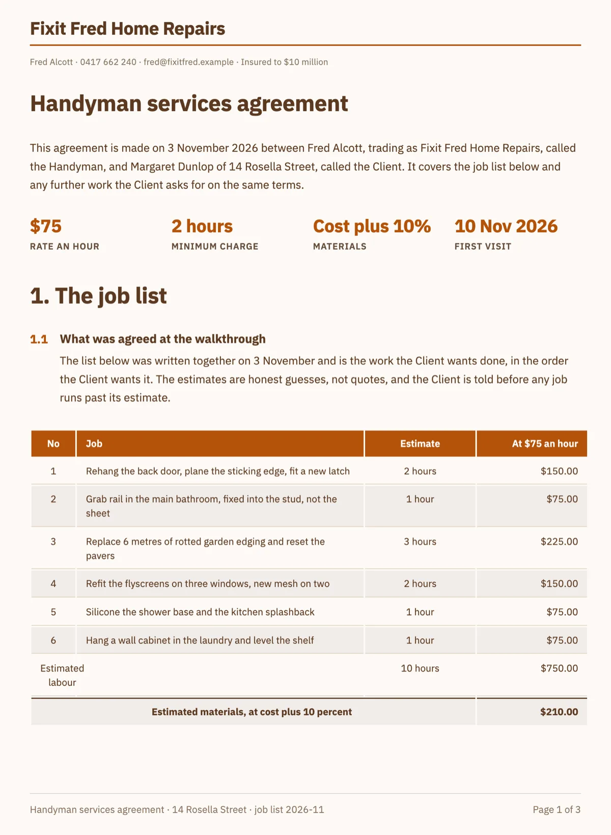 Handyman services agreement with an hourly rate and a job list example