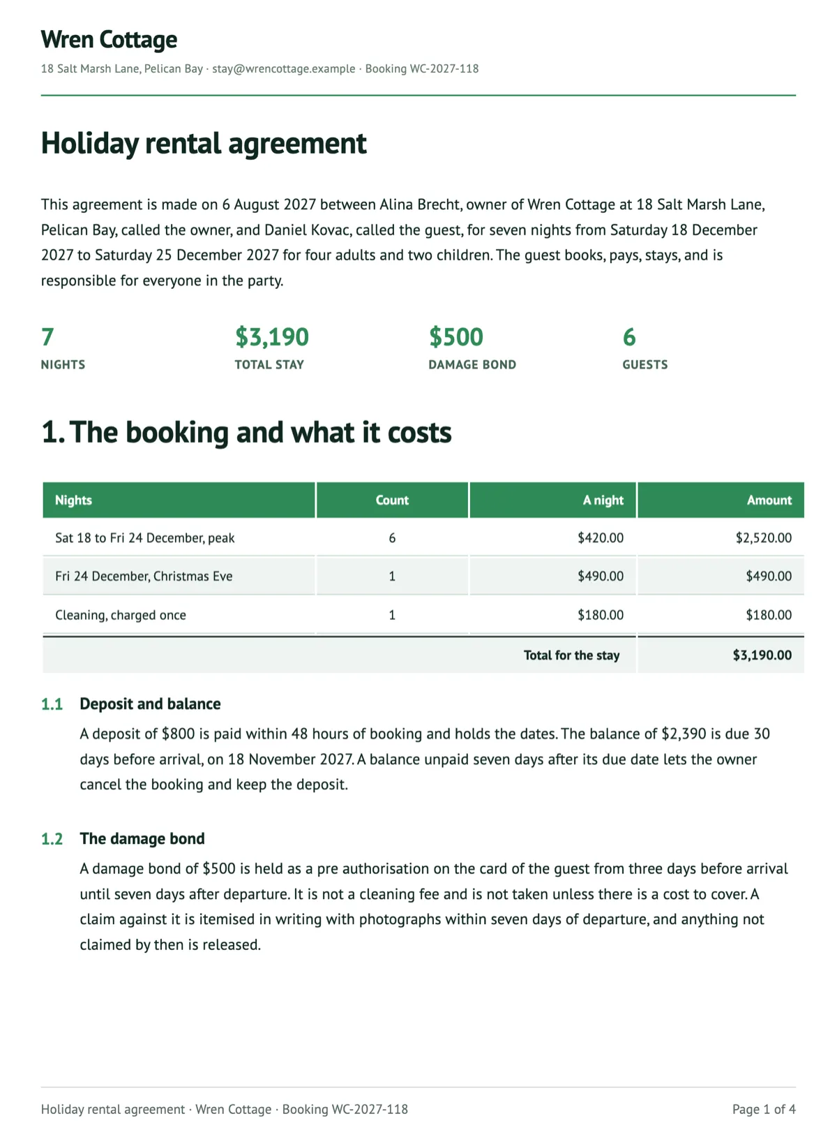 Holiday rental agreement template with house rules and a damage bond example