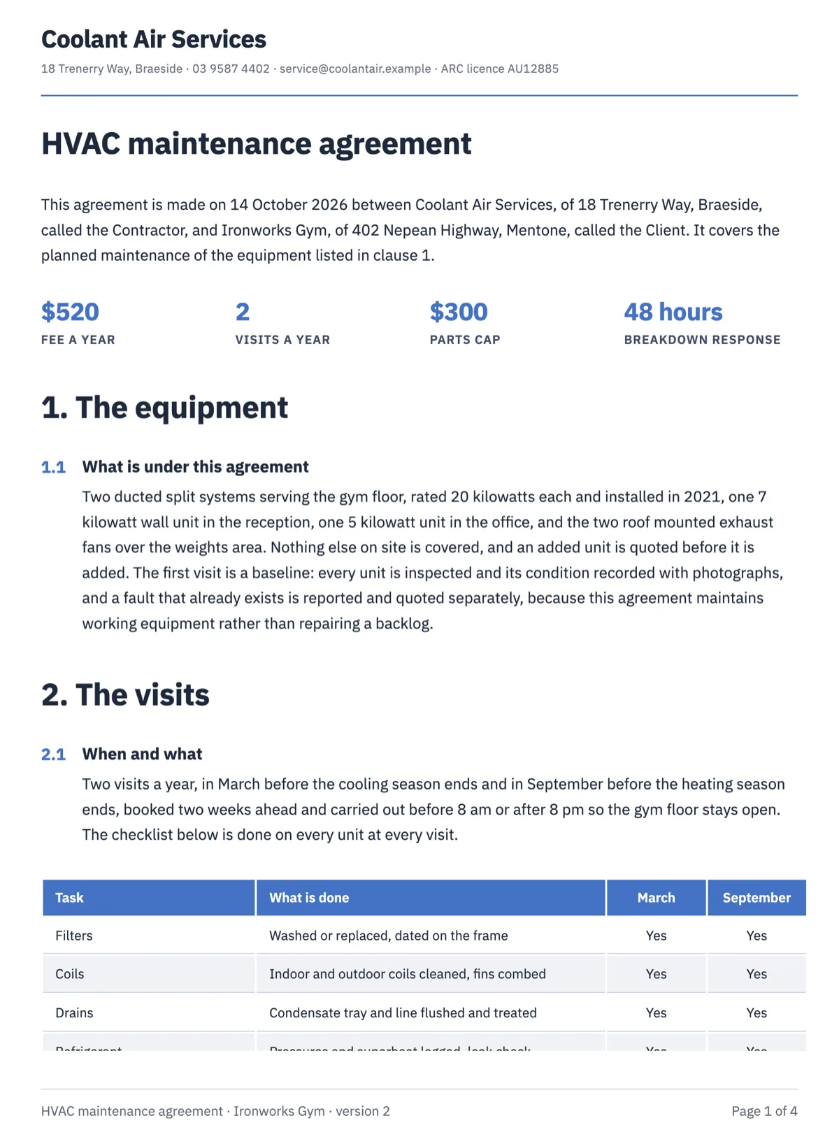 HVAC maintenance agreement with a visit checklist and a parts cap example