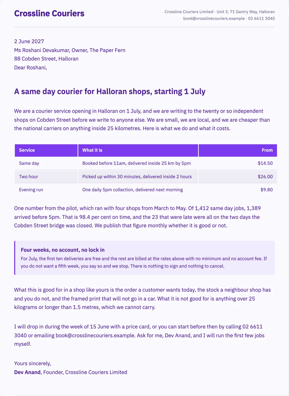 Business introduction letter with three services and one proof point example